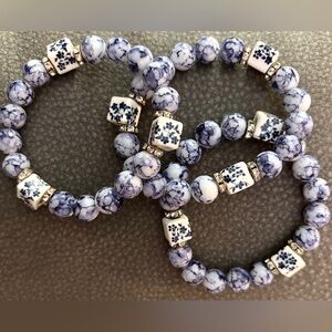3 Bracelets w/ Ceramic Blue Floral Cubes & Blue Spot Jasper Beads NEW Retail$125